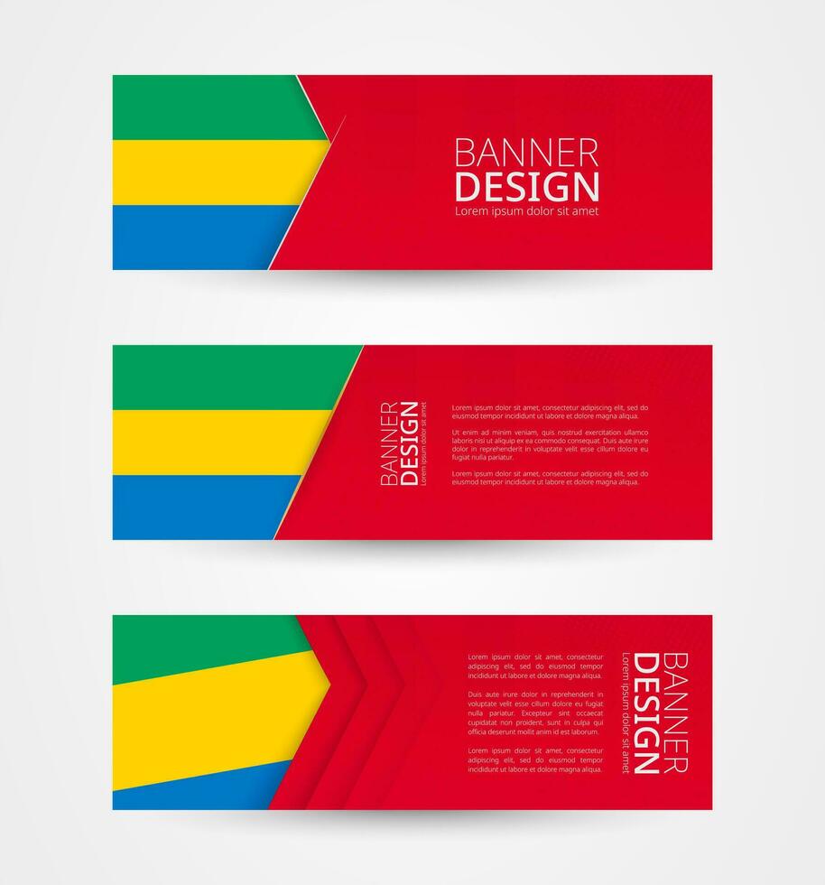 Set of three horizontal banners with flag of Gabon. Web banner design template in color of Gabon flag. vector