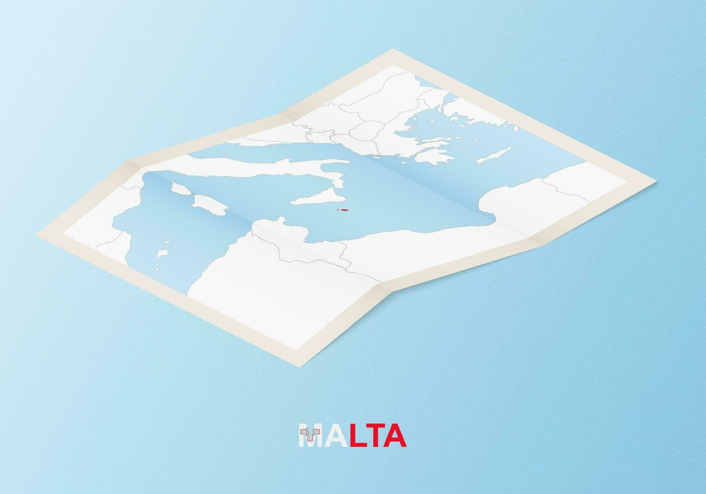 Folded paper map of Malta with neighboring countries in isometric style. vector