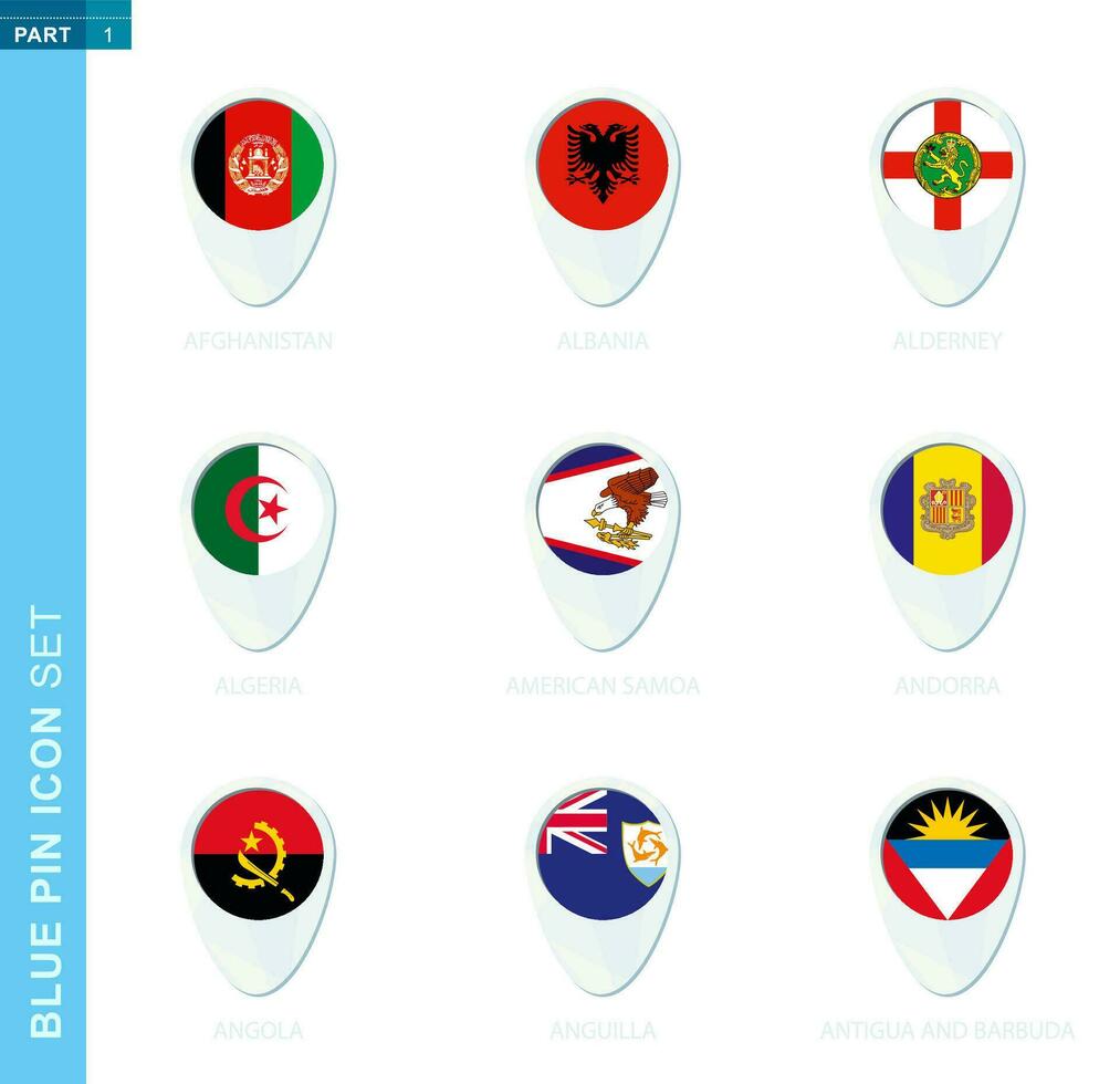 Pin flag set, map location icon in blue colors vector