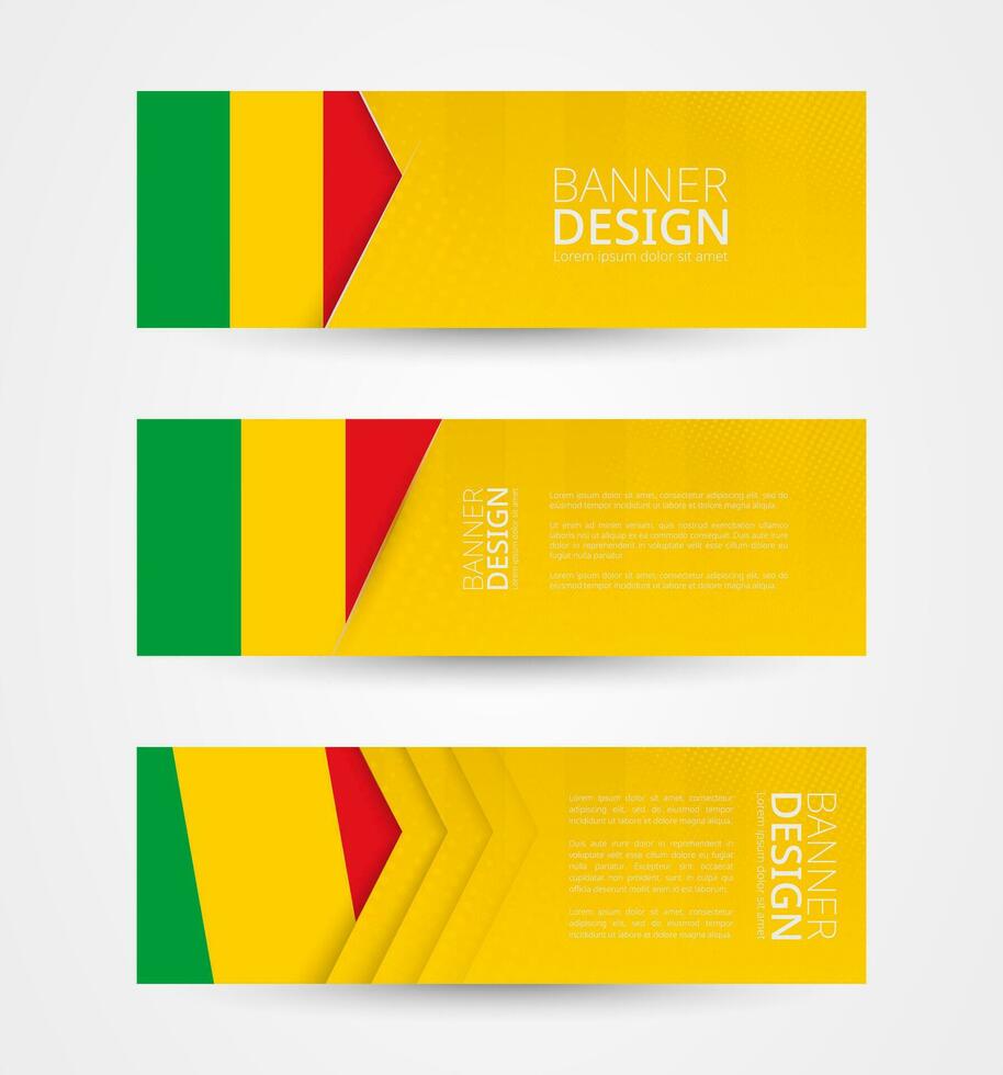 conjunto de Tres horizontal pancartas con bandera de malí web bandera diseño modelo en color de mali bandera. vector