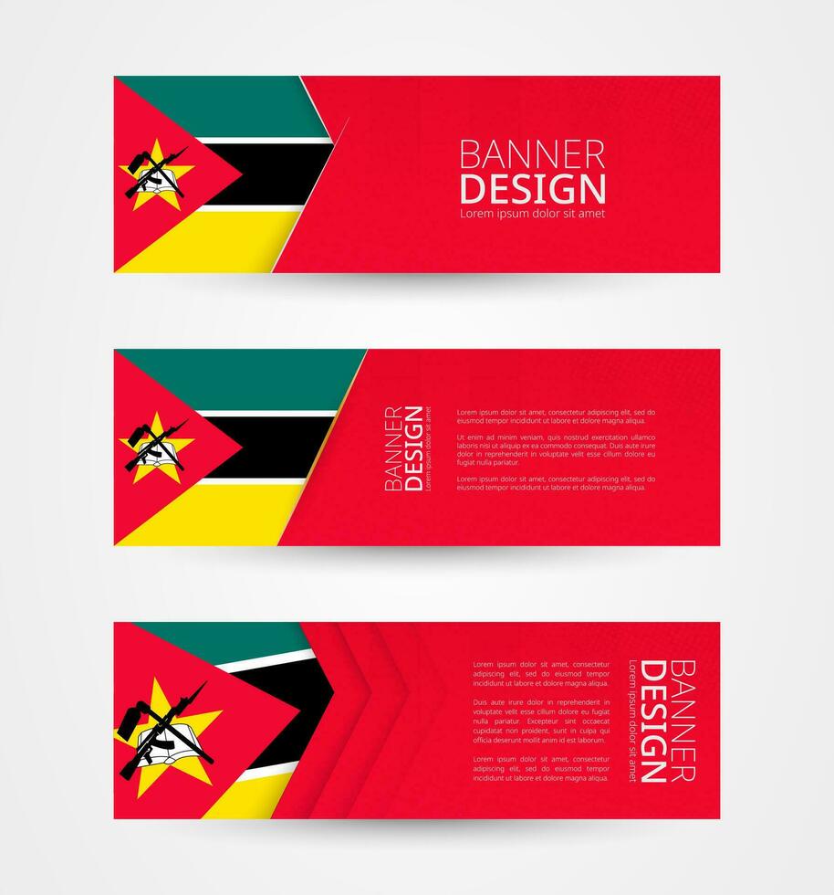 conjunto de Tres horizontal pancartas con bandera de Mozambique. web bandera diseño modelo en color de Mozambique bandera. vector