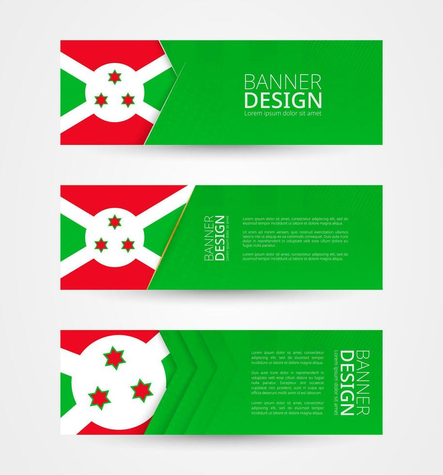 Set of three horizontal banners with flag of Burundi. Web banner design template in color of Burundi flag. vector