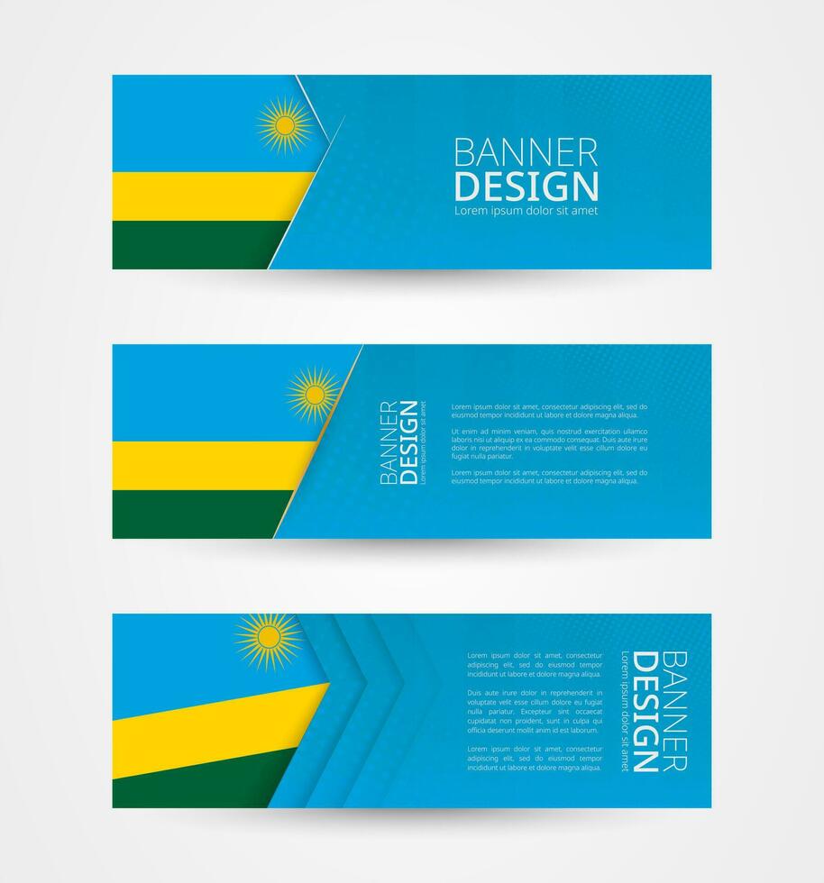 Set of three horizontal banners with flag of Rwanda. Web banner design template in color of Rwanda flag. vector