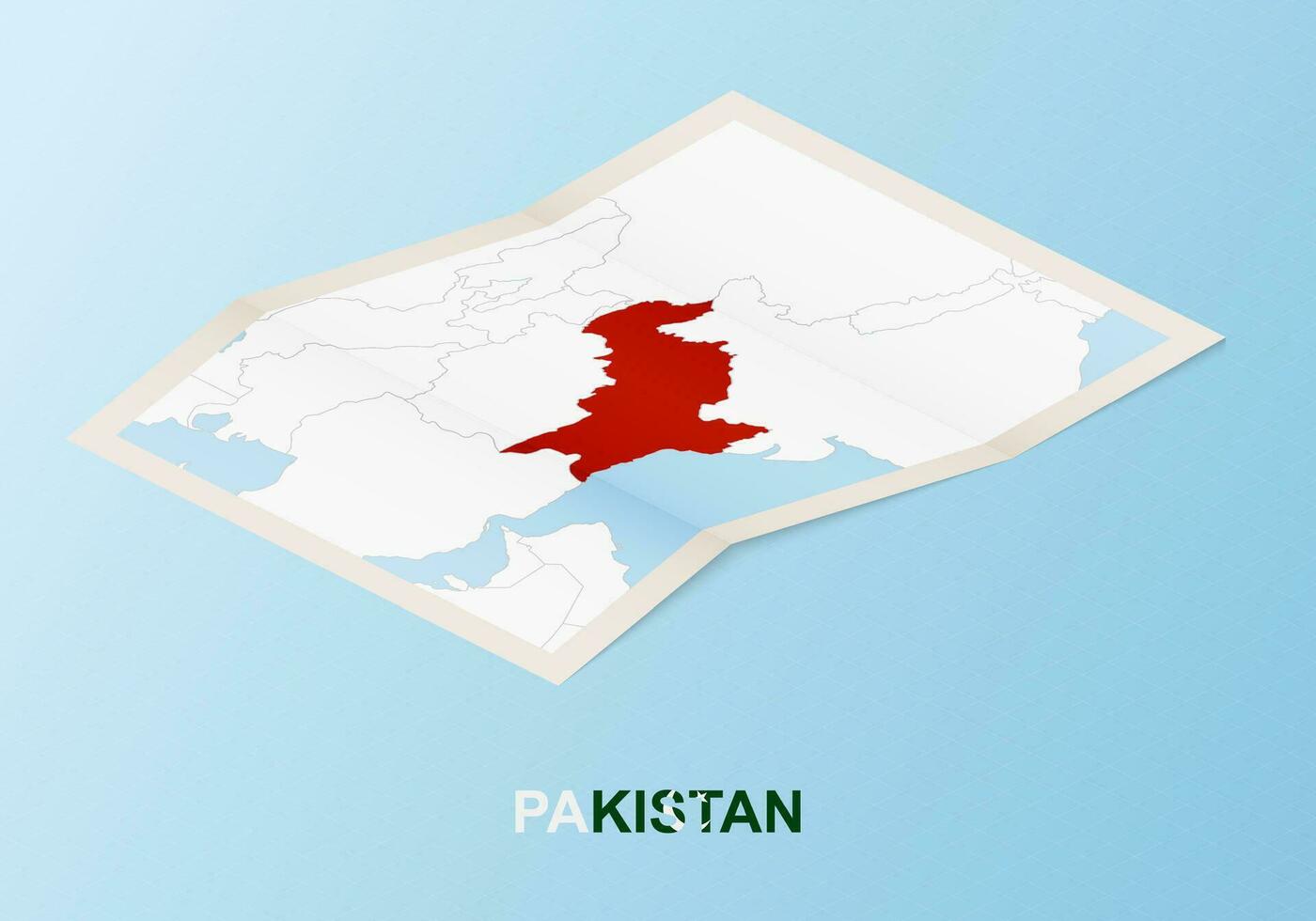 Folded paper map of Pakistan with neighboring countries in isometric style. vector