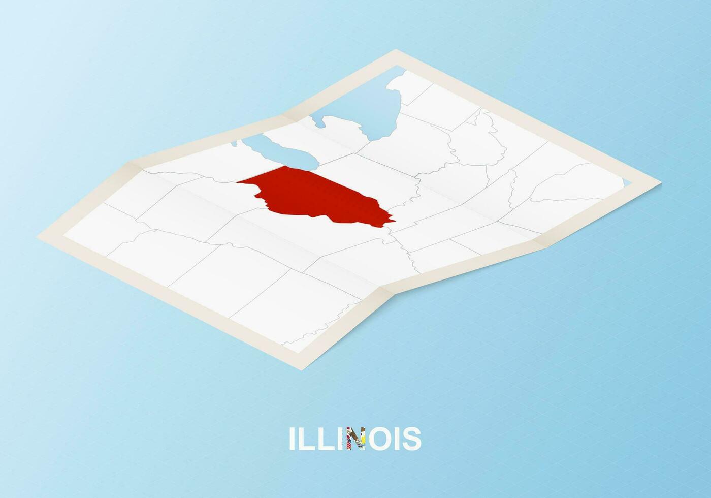 Folded paper map of Illinois with neighboring countries in isometric style. vector