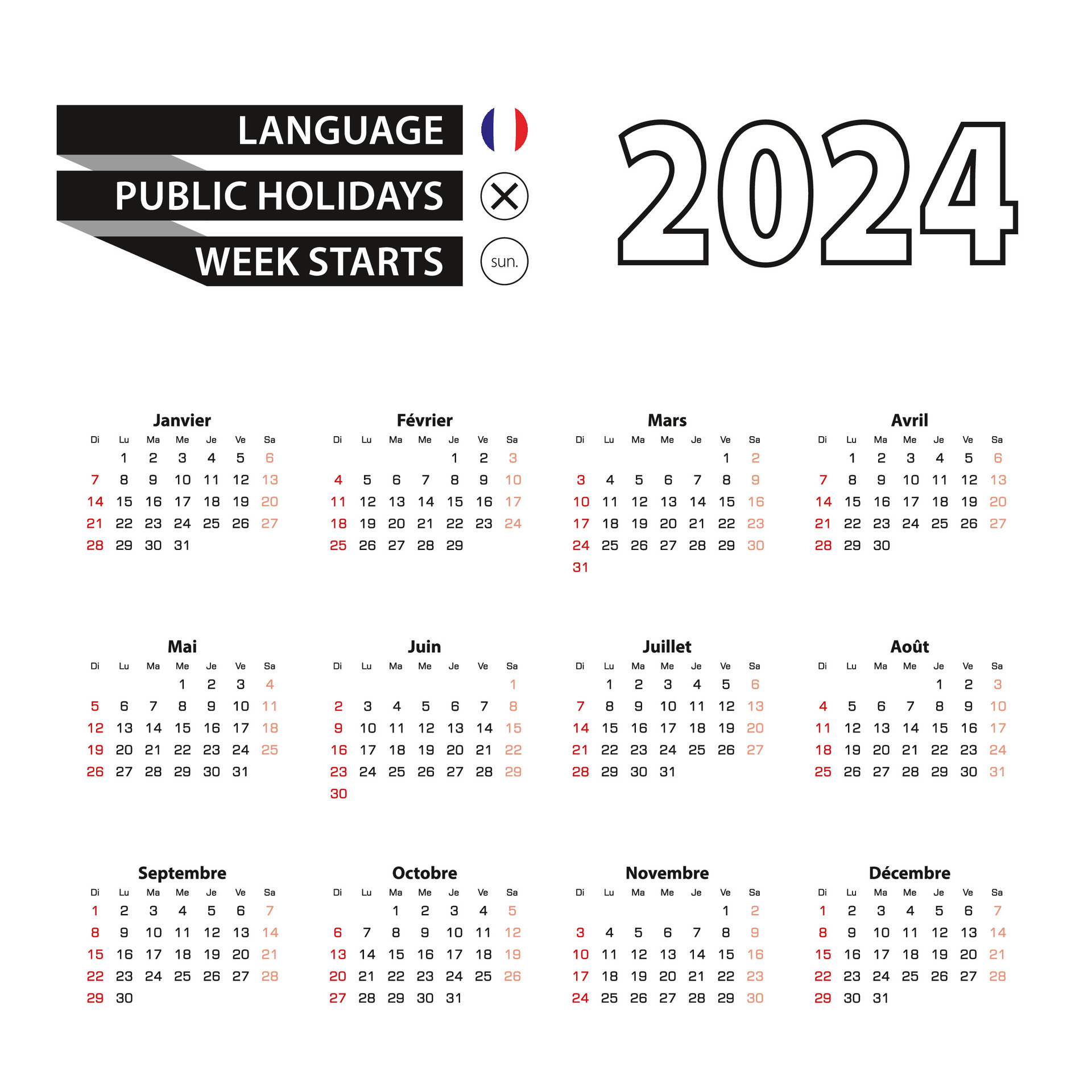 2024 calendar in French language, week starts from Sunday. 25443229