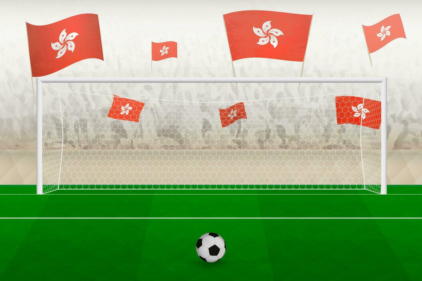 Hong Kong football team fans with flags of Hong Kong cheering on stadium, penalty kick concept in a soccer match. vector