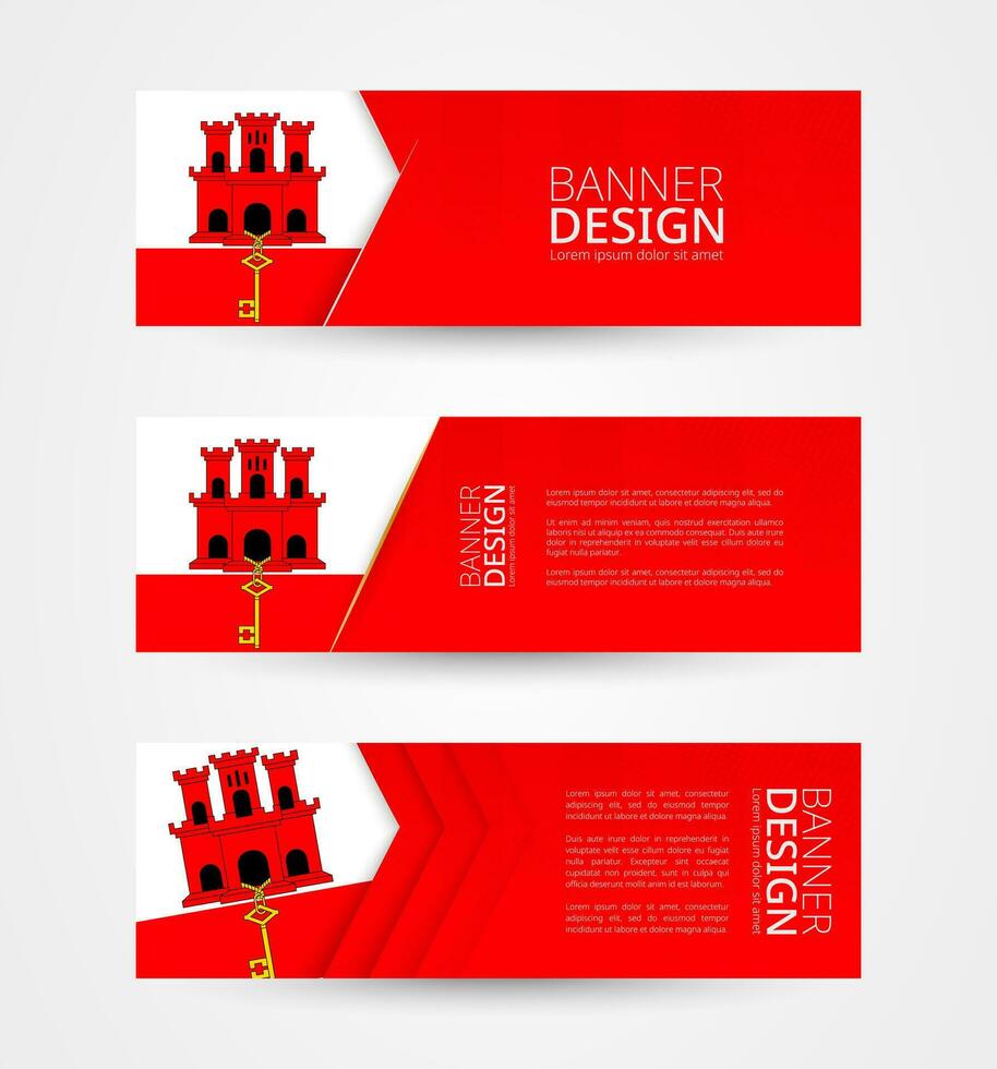 conjunto de Tres horizontal pancartas con bandera de Gibraltar. web bandera diseño modelo en color de Gibraltar bandera. vector