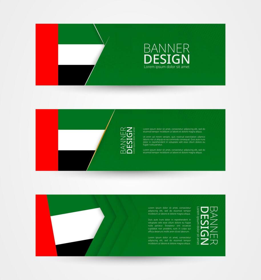 conjunto de Tres horizontal pancartas con bandera de unido árabe emiratos web bandera diseño modelo en color de uae bandera. vector