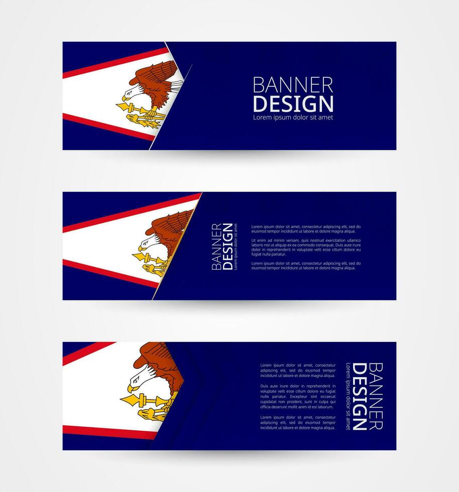 Set of three horizontal banners with flag of American Samoa. Web banner design template in color of American Samoa flag. vector