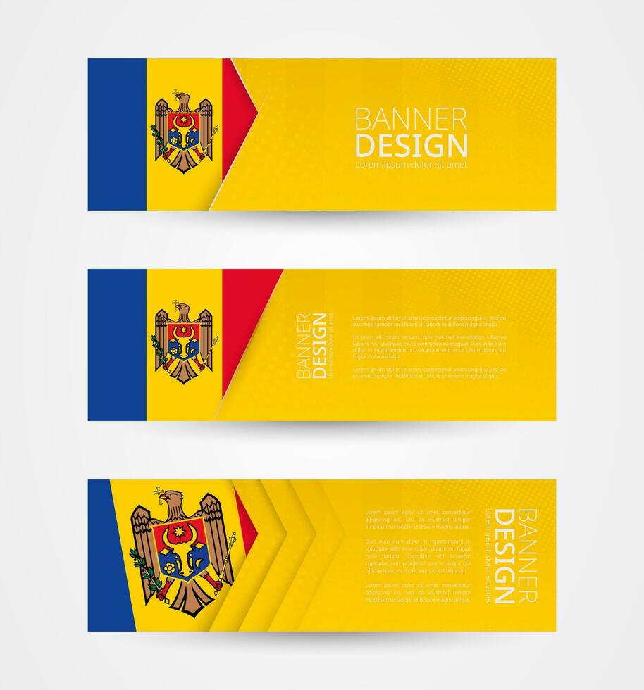 Set of three horizontal banners with flag of Moldova. Web banner design template in color of Moldova flag. vector