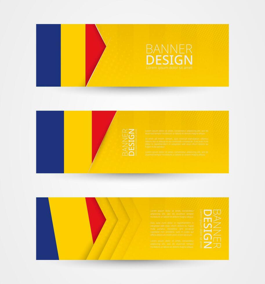 conjunto de Tres horizontal pancartas con bandera de Rumania. web bandera diseño modelo en color de Rumania bandera. vector