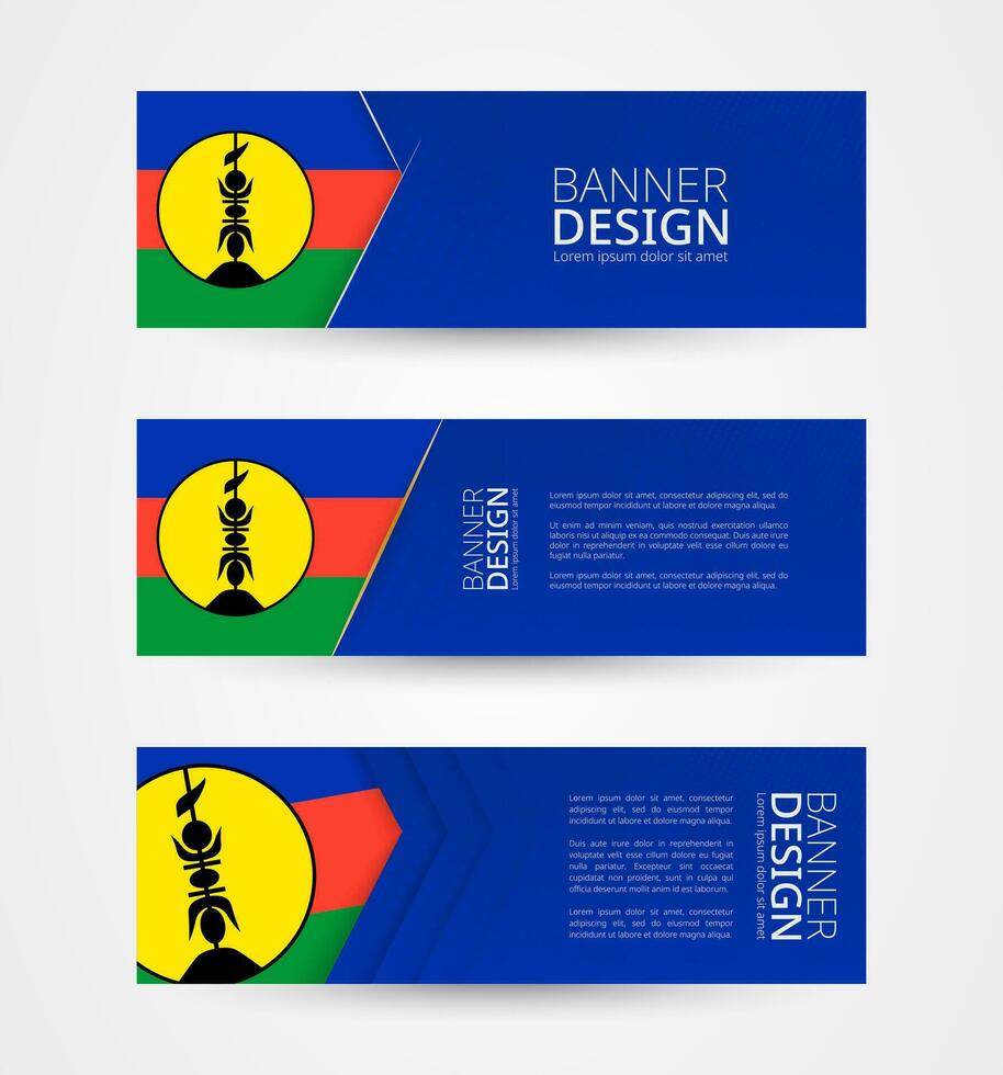 conjunto de Tres horizontal pancartas con bandera de nuevo Caledonia. web bandera diseño modelo en color de nuevo Caledonia bandera. vector