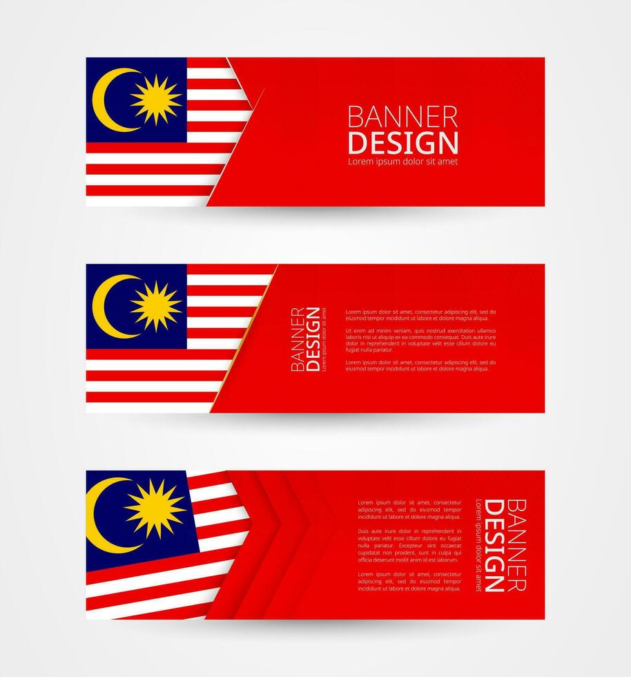 conjunto de Tres horizontal pancartas con bandera de Malasia. web bandera diseño modelo en color de Malasia bandera. vector