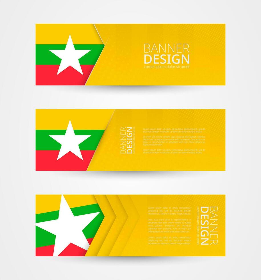 conjunto de Tres horizontal pancartas con bandera de myanmar. web bandera diseño modelo en color de myanmar bandera. vector