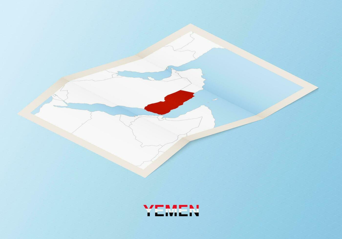 Folded paper map of Yemen with neighboring countries in isometric style. vector