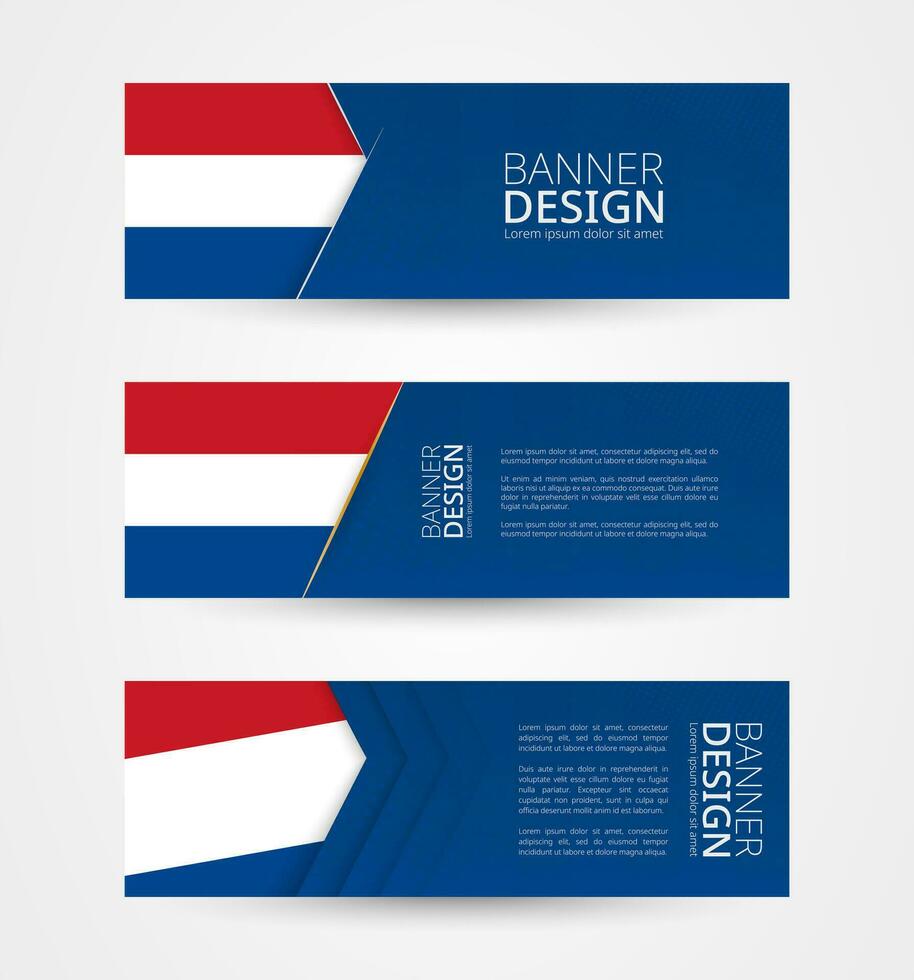 conjunto de Tres horizontal pancartas con bandera de Países Bajos web bandera diseño modelo en color de Países Bajos bandera. vector