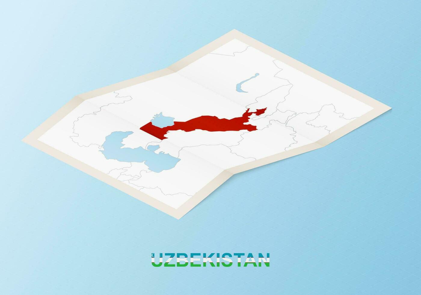 Folded paper map of Uzbekistan with neighboring countries in isometric style. vector