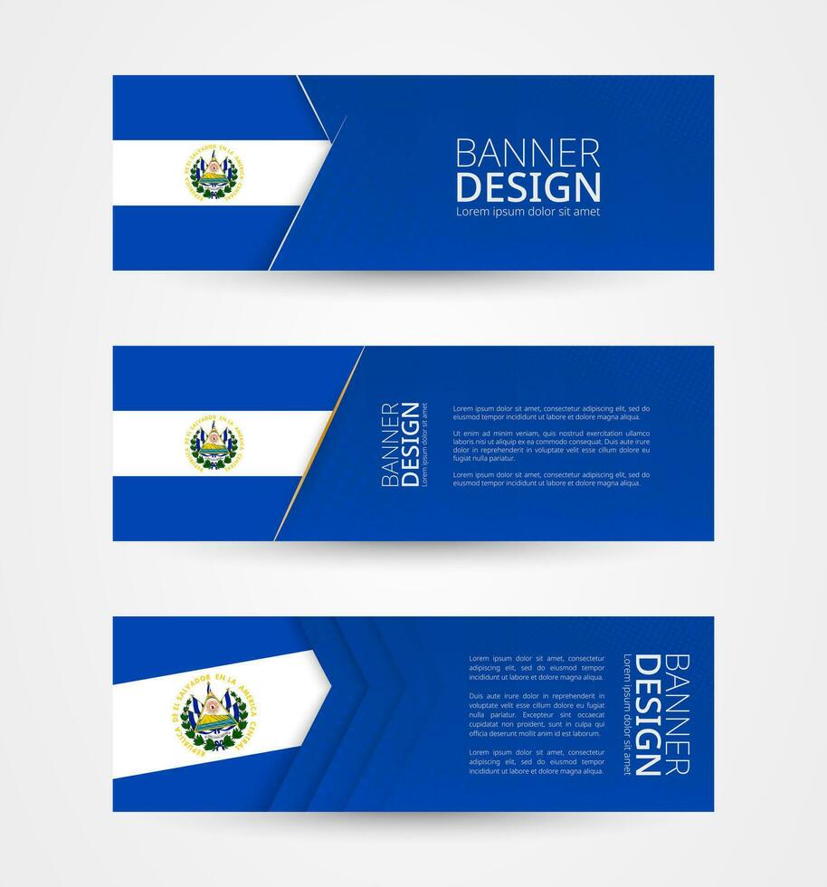 Set of three horizontal banners with flag of El Salvador. Web banner design template in color of El Salvador flag. vector