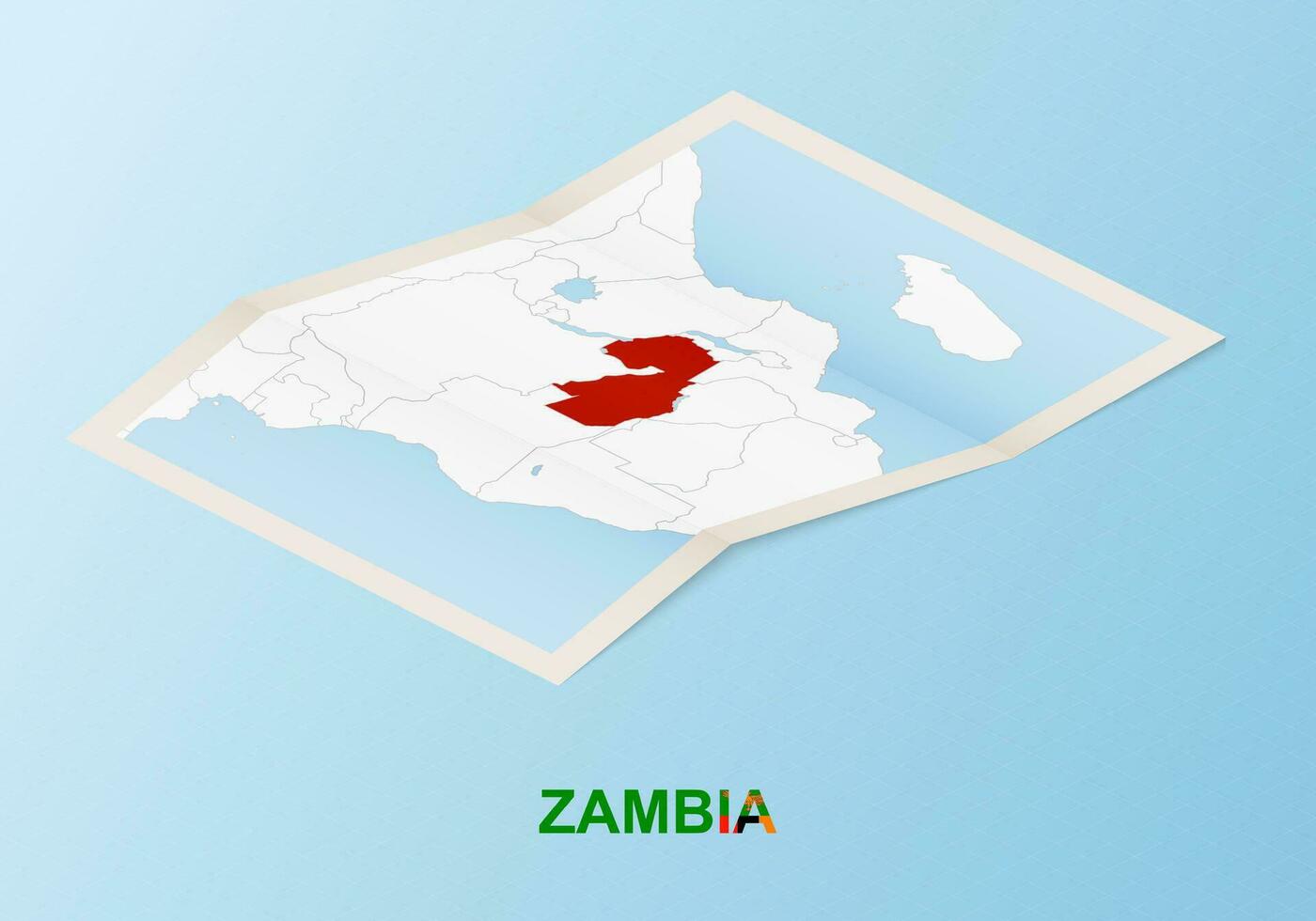 Folded paper map of Zambia with neighboring countries in isometric style. vector