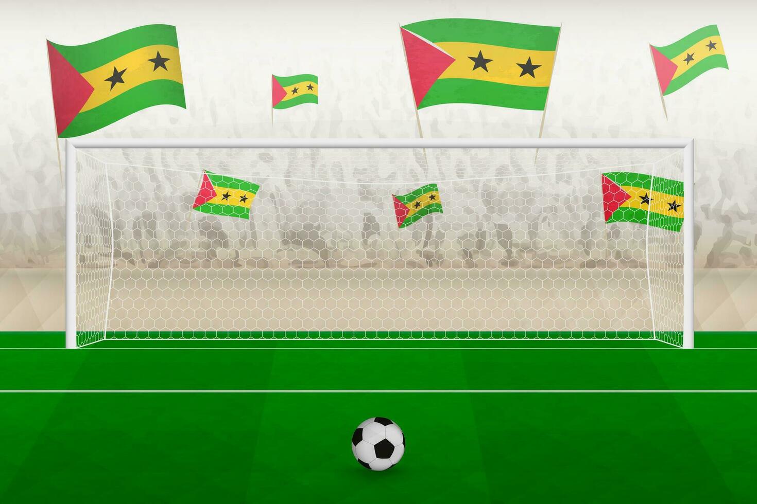 Sao Tome and Principe football team fans with flags of Sao Tome and Principe cheering on stadium, penalty kick concept in a soccer match. vector