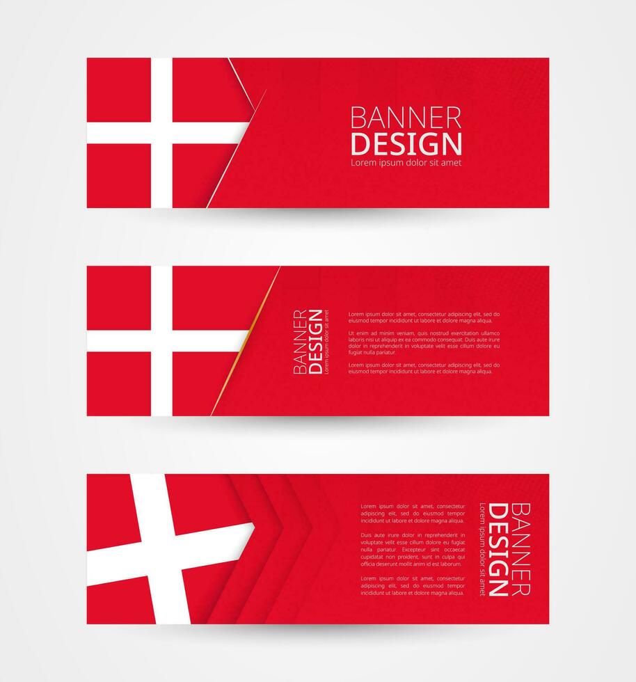 Set of three horizontal banners with flag of Denmark. Web banner design template in color of Denmark flag. vector