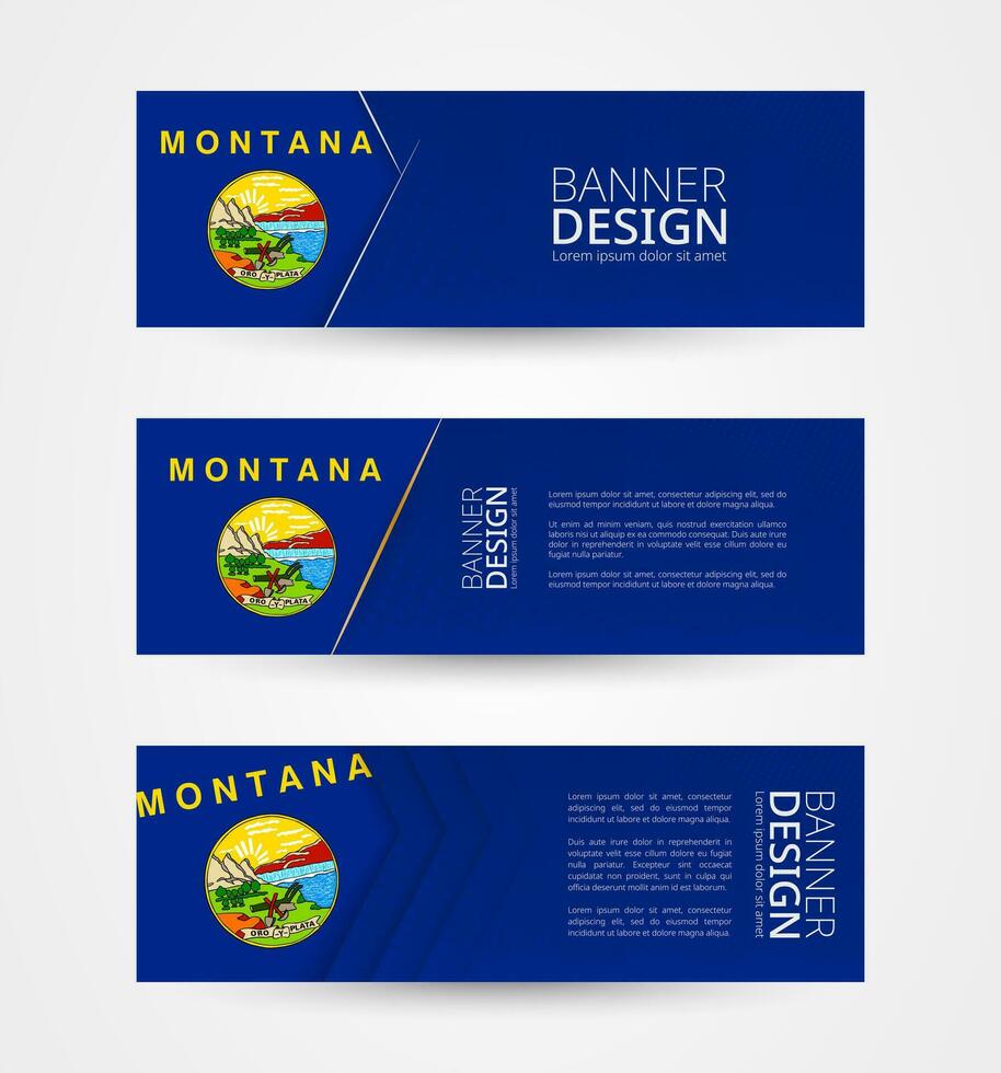 Set of three horizontal banners with US state flag of Montana. Web banner design template in color of Montana flag. vector