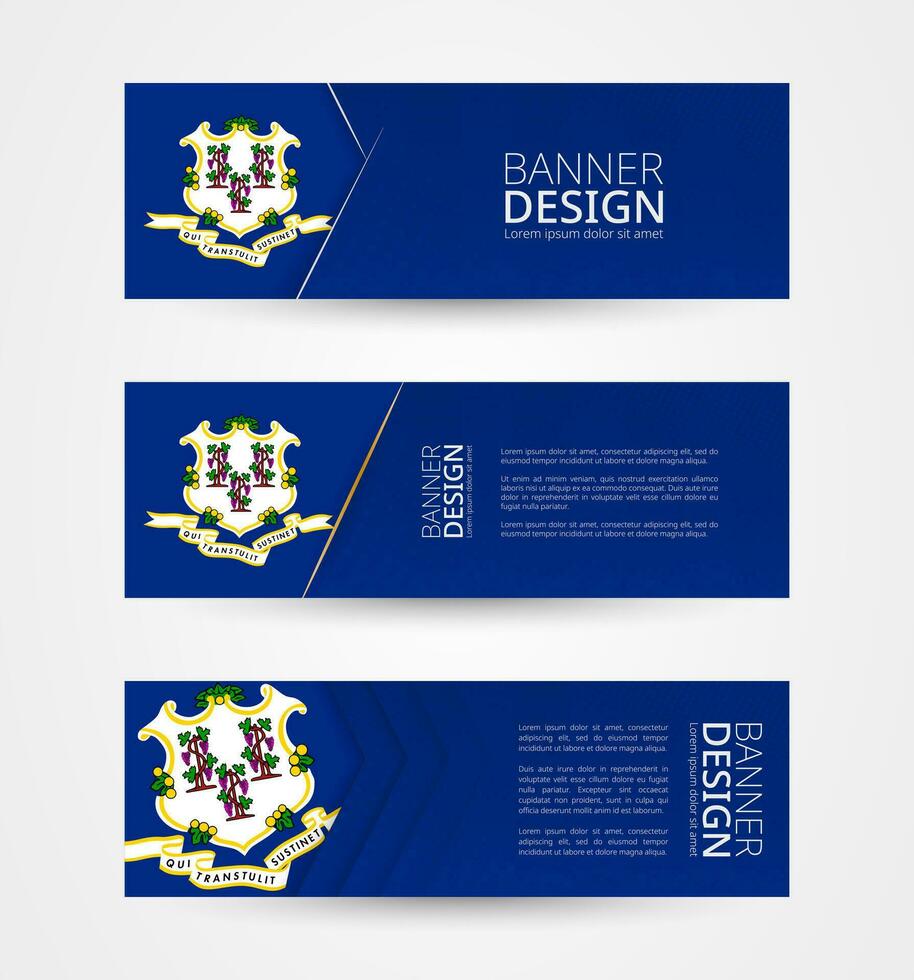 Set of three horizontal banners with US state flag of Connecticut. Web banner design template in color of Connecticut flag. vector