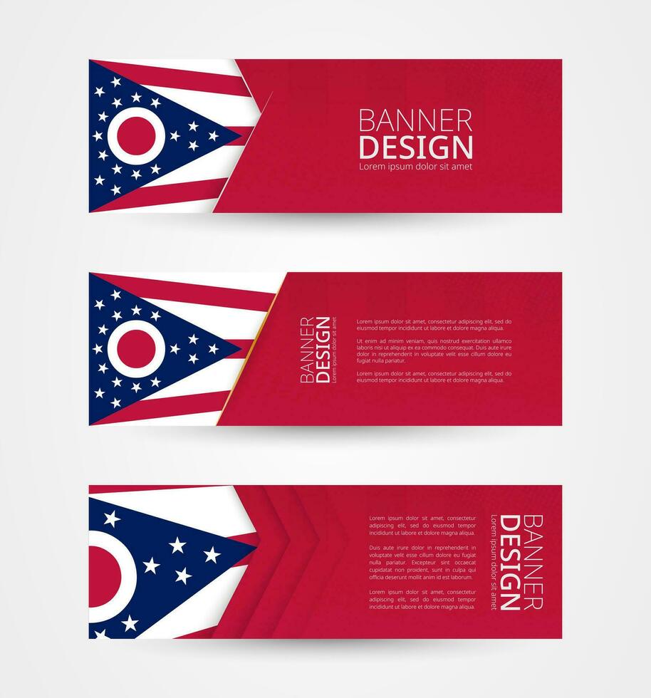 Set of three horizontal banners with US state flag of Ohio. Web banner design template in color of Ohio flag. vector