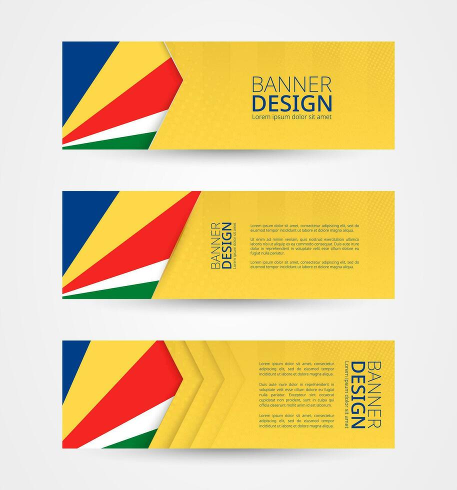 Set of three horizontal banners with flag of Seychelles. Web banner design template in color of Seychelles flag. vector