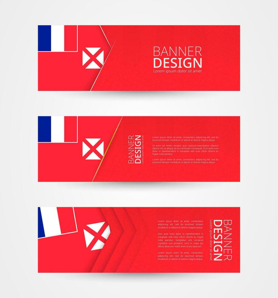 Set of three horizontal banners with flag of Wallis and Futuna. Web banner design template in color of Wallis and Futuna flag. vector