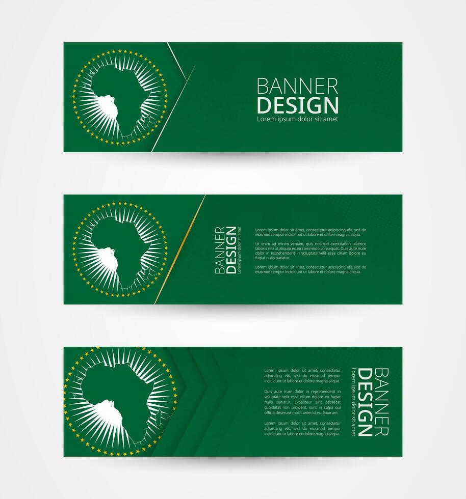 conjunto de Tres horizontal pancartas con bandera de africano Unión. web bandera diseño modelo en color de africano Unión bandera. vector
