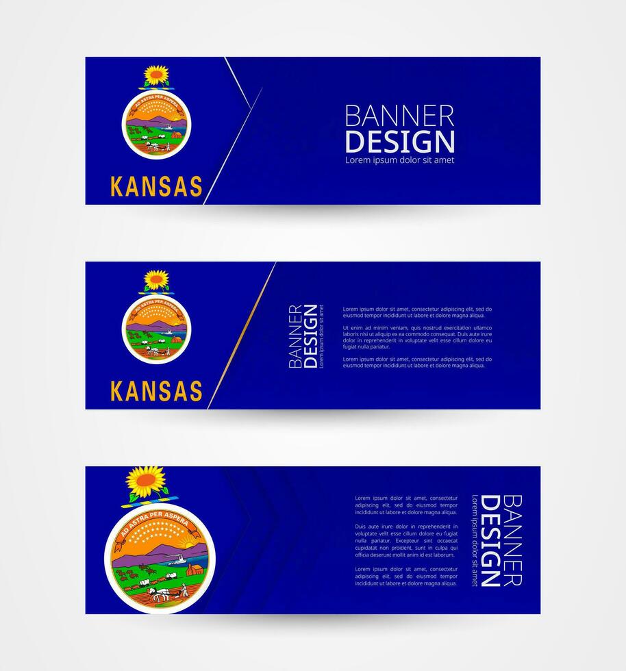 Set of three horizontal banners with US state flag of Kansas. Web banner design template in color of Kansas flag. vector