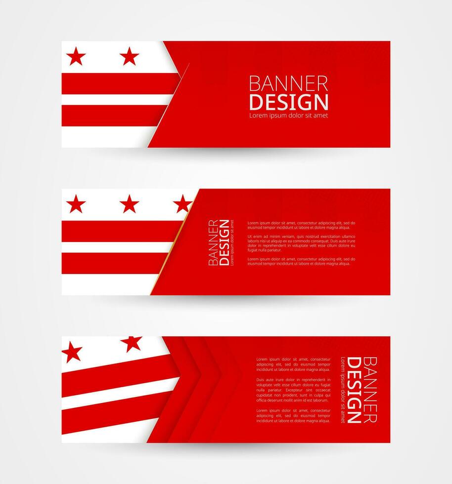 Set of three horizontal banners with flag of District of Columbia. Web banner design template in color of District of Columbia flag. vector
