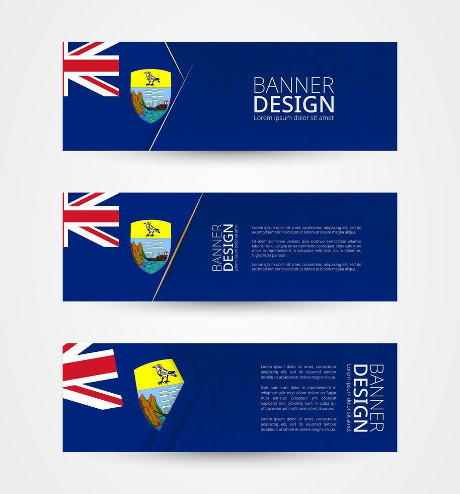 Set of three horizontal banners with flag of Saint Helena. Web banner design template in color of Saint Helena flag. vector