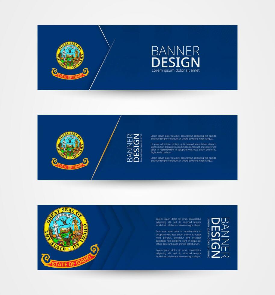 Set of three horizontal banners with US state flag of Idaho. Web banner design template in color of Idaho flag. vector