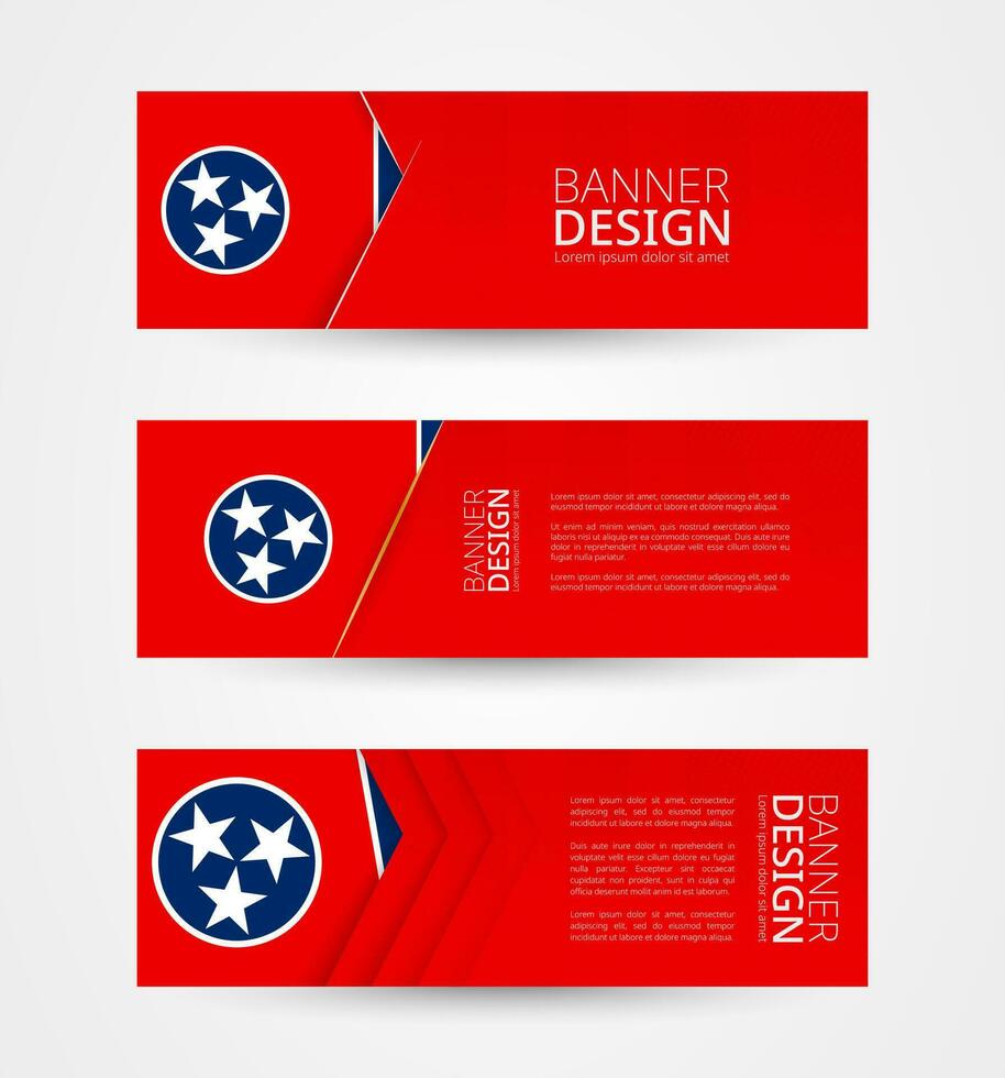 Set of three horizontal banners with US state flag of Tennessee. Web banner design template in color of Tennessee flag. vector