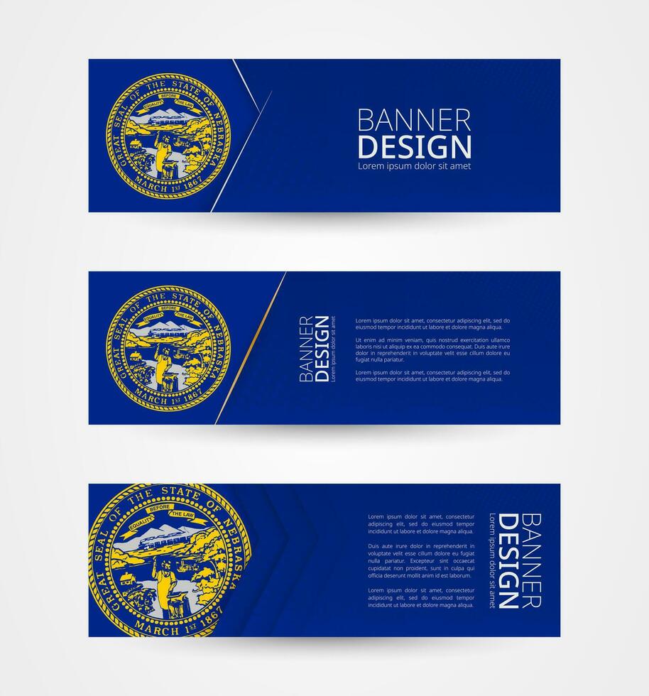 Set of three horizontal banners with US state flag of Nebraska. Web banner design template in color of Nebraska flag. vector