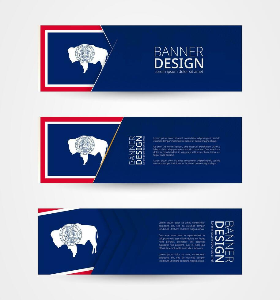 Set of three horizontal banners with US state flag of Wyoming. Web banner design template in color of Wyoming flag. vector