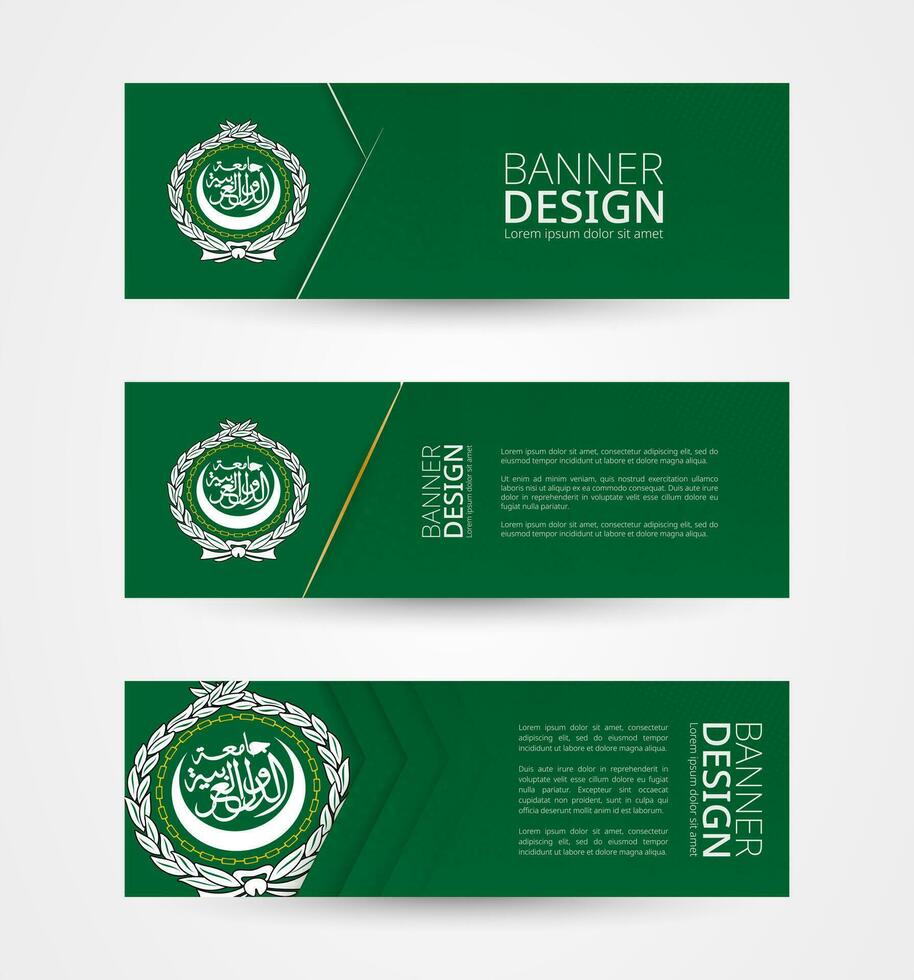 conjunto de Tres horizontal pancartas con bandera de árabe liga. web bandera diseño modelo en color de árabe liga bandera. vector