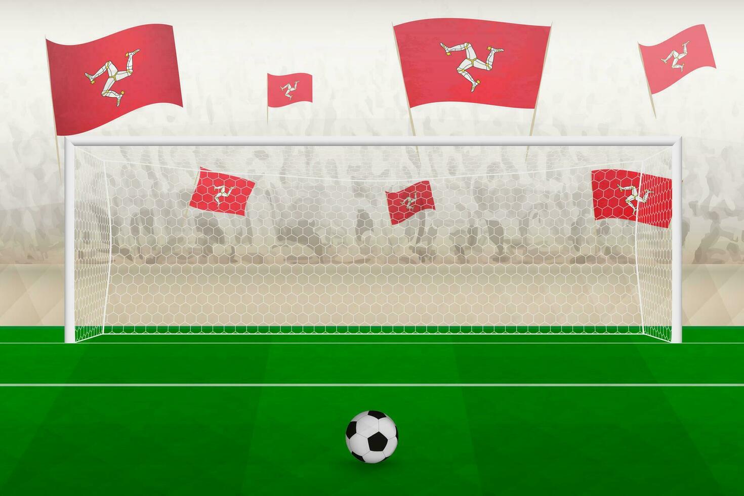 Isle of Man football team fans with flags of Isle of Man cheering on stadium, penalty kick concept in a soccer match. vector