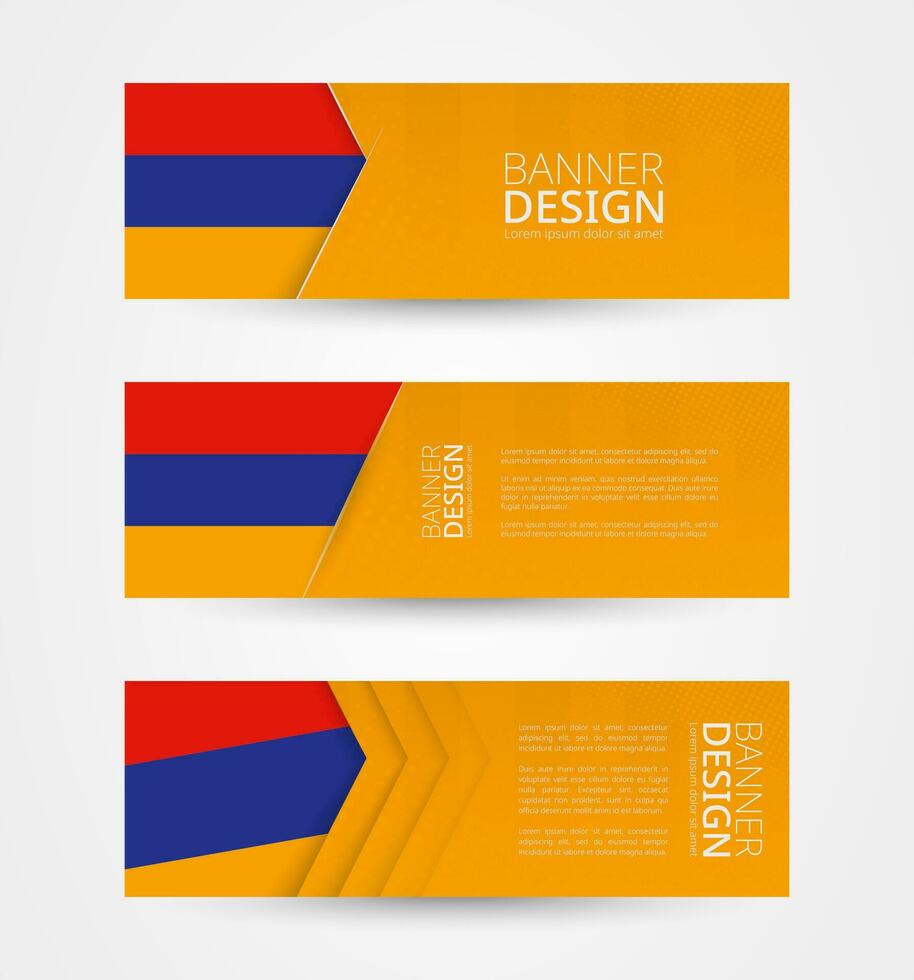 Set of three horizontal banners with flag of Armenia. Web banner design template in color of Armenia flag. vector