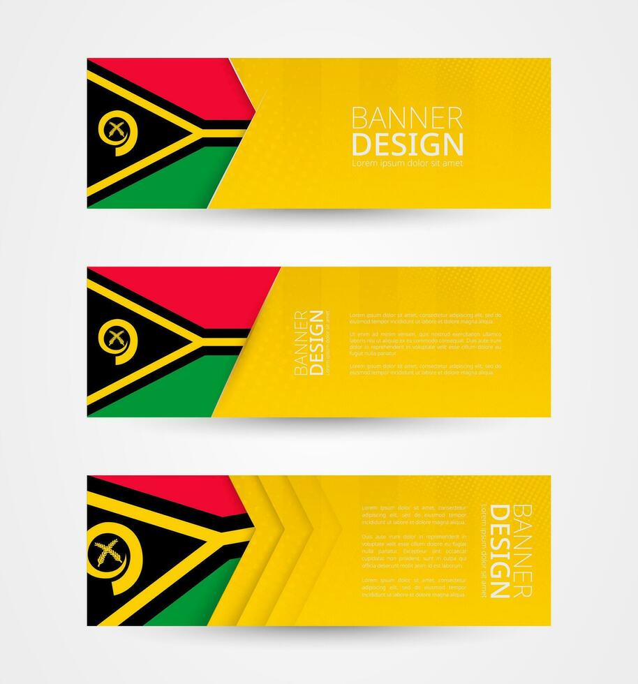 conjunto de Tres horizontal pancartas con bandera de vanuatu web bandera diseño modelo en color de vanuatu bandera. vector