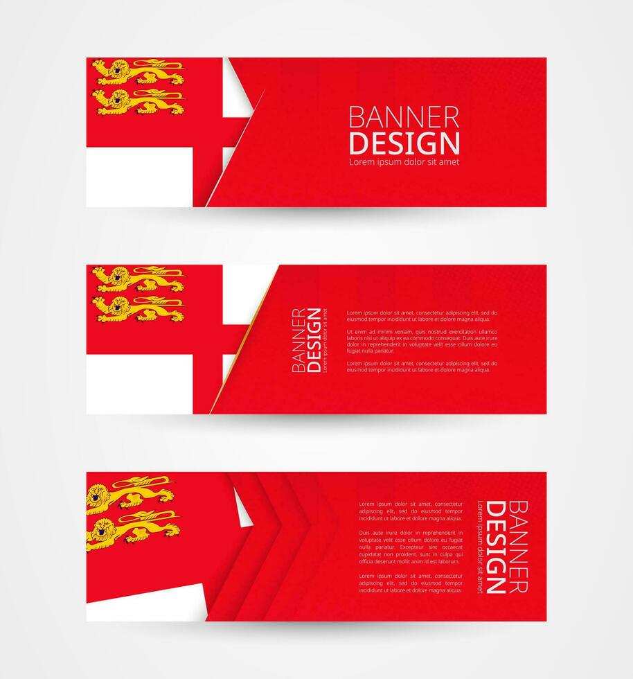 Set of three horizontal banners with flag of Sark. Web banner design template in color of Sark flag. vector