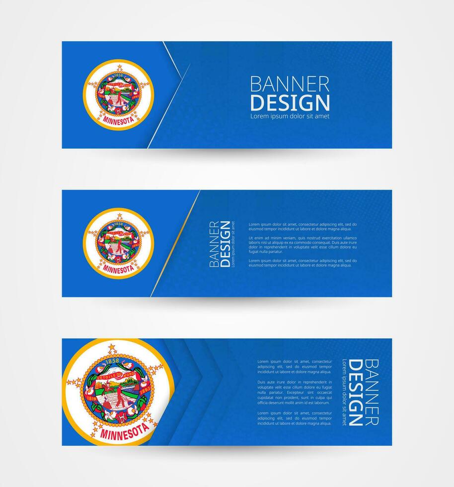 Set of three horizontal banners with US state flag of Minnesota. Web banner design template in color of Minnesota flag. vector