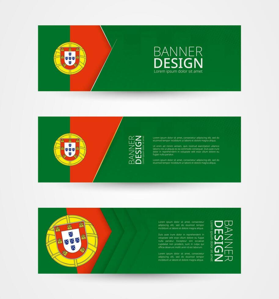 Set of three horizontal banners with flag of Portugal. Web banner design template in color of Portugal flag. vector