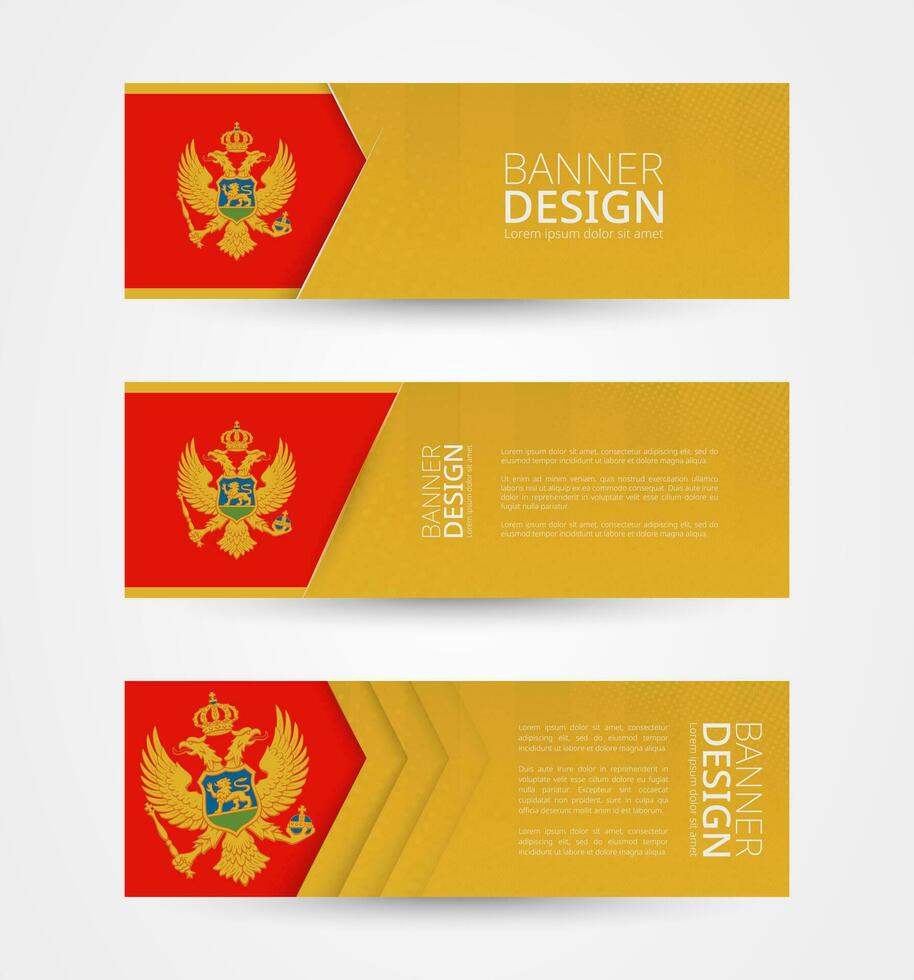 Set of three horizontal banners with flag of Montenegro. Web banner design template in color of Montenegro flag. vector