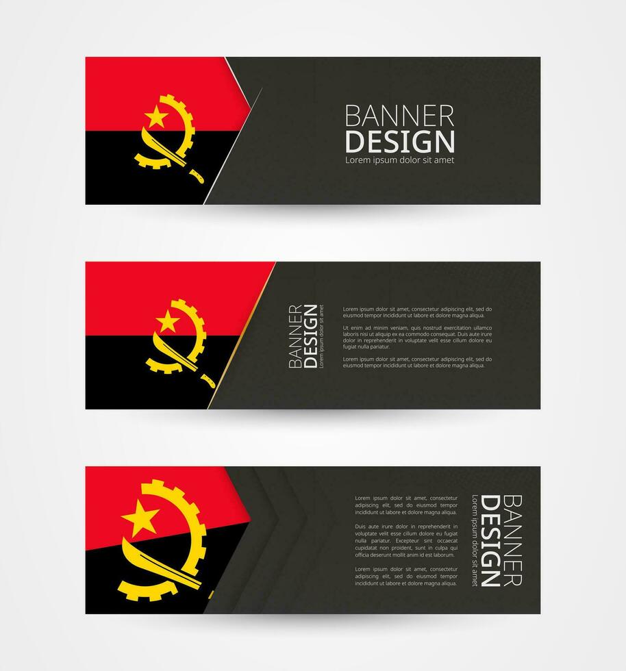 conjunto de Tres horizontal pancartas con bandera de angola web bandera diseño modelo en color de angola bandera. vector