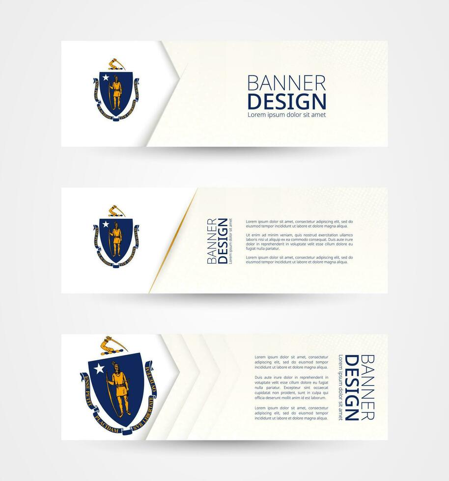Set of three horizontal banners with US state flag of Massachusetts. Web banner design template in color of Massachusetts flag. vector
