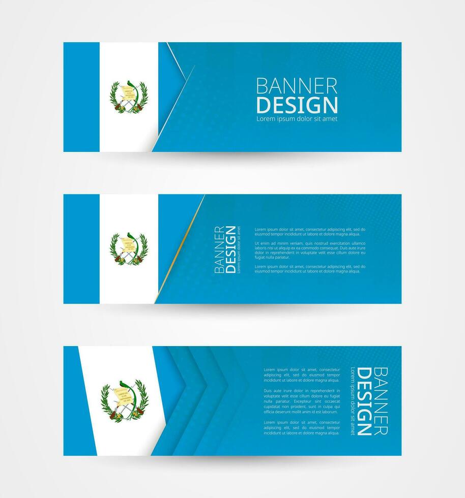 Set of three horizontal banners with flag of Guatemala. Web banner design template in color of Guatemala flag. vector